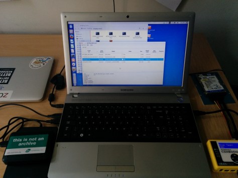My digital forensics setup! (all media dummy media; mass of various cables not shown!).